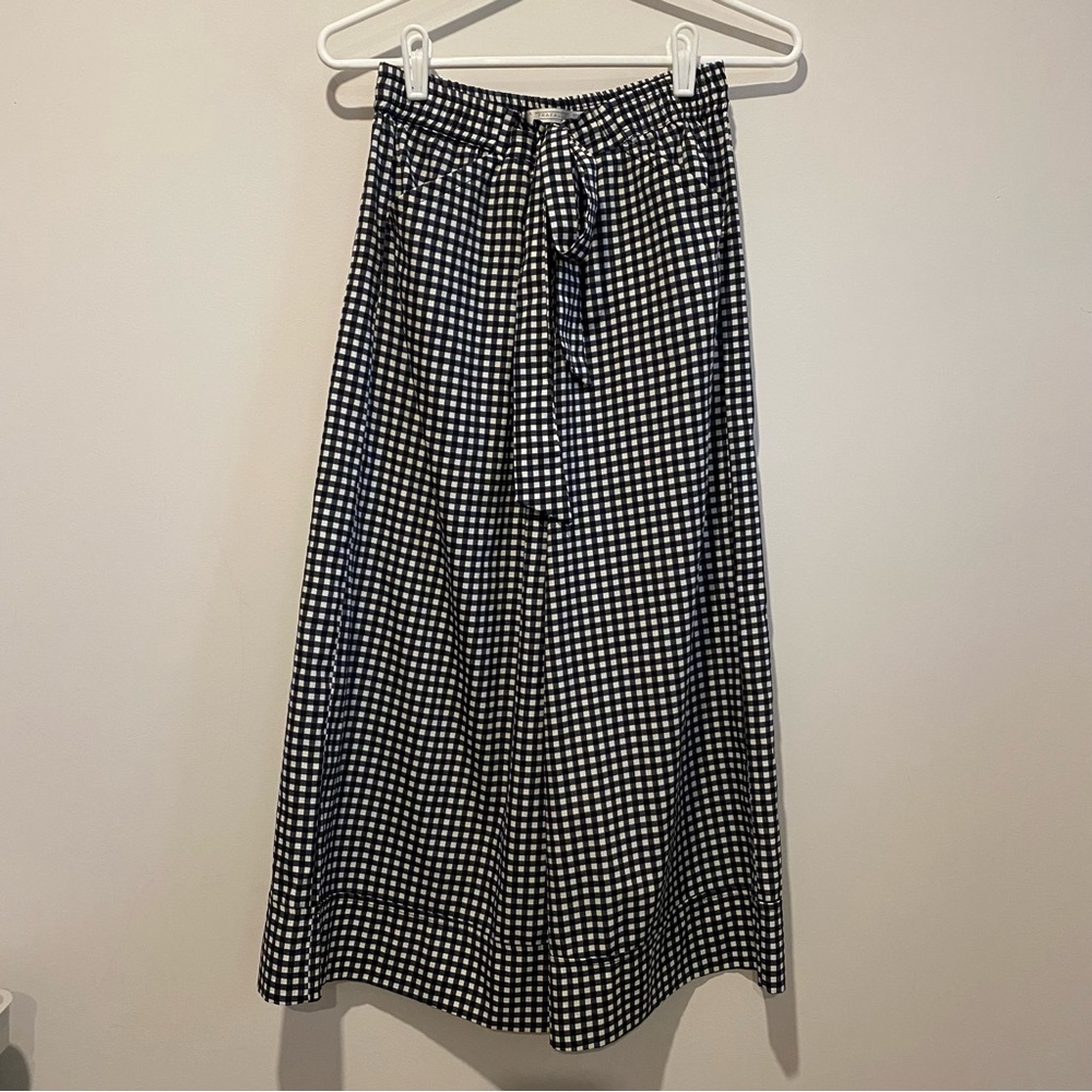Zara Trafaluc Lightweight Wide Leg Gingham Check Elastic Waist Belted Pants